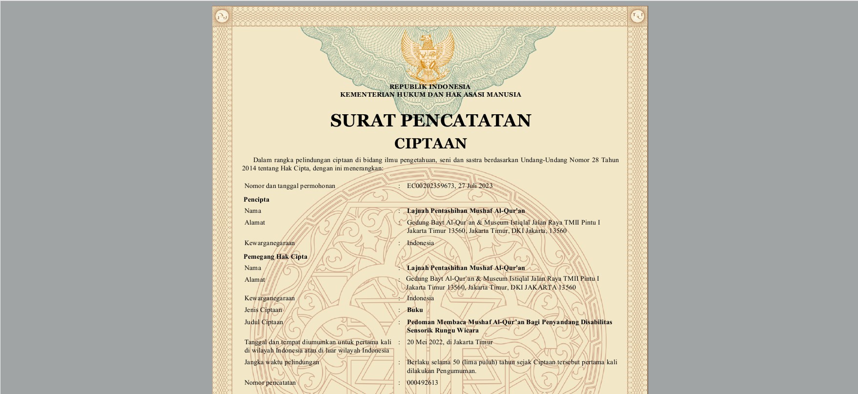 9 Produk Hasil Kajian LPMQ Peroleh Surat Hak Cipta